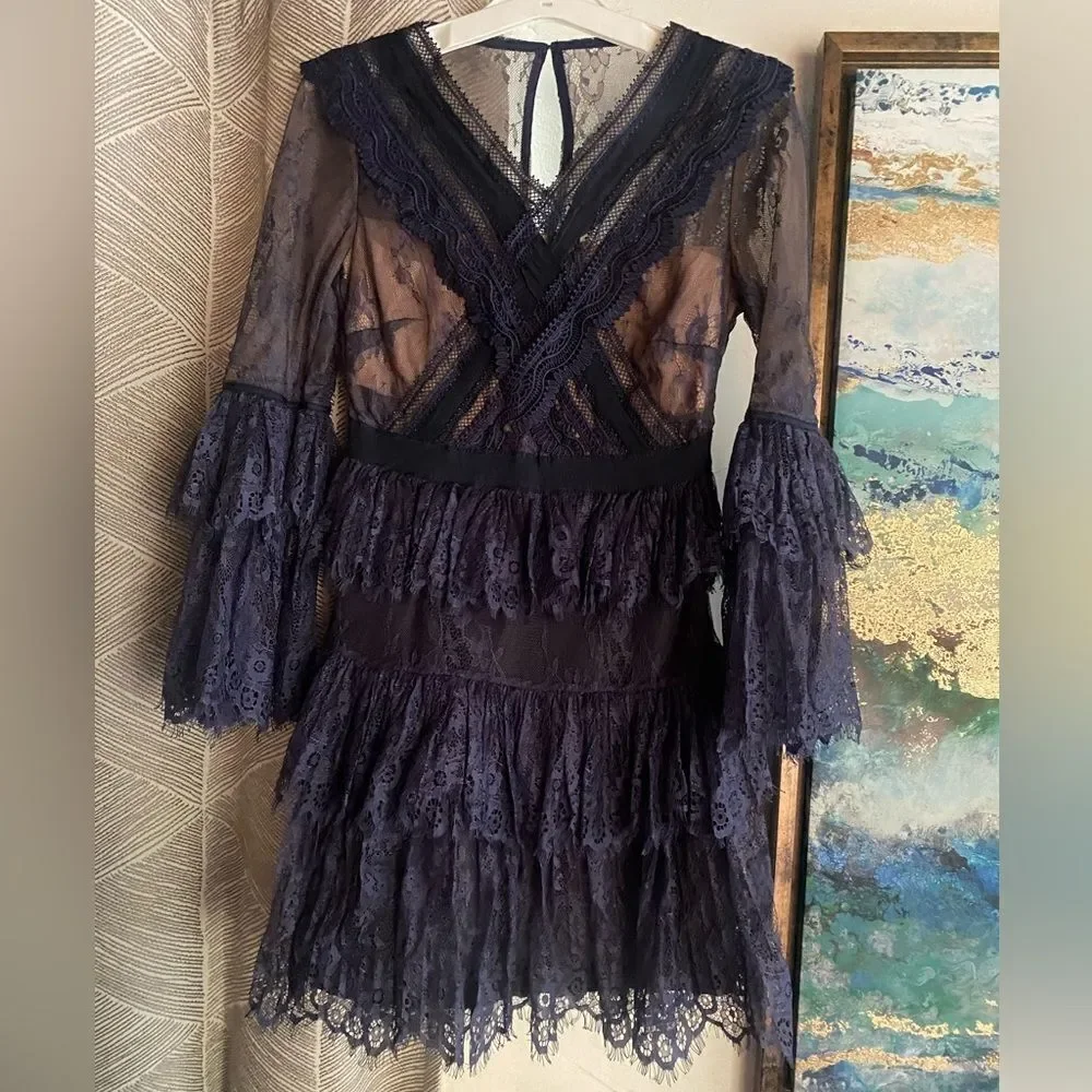 Self-Portrait Mini Dress Size 0 Navy Blue  Lace Ruffles Sleeve Lined - Picture 4 of 16